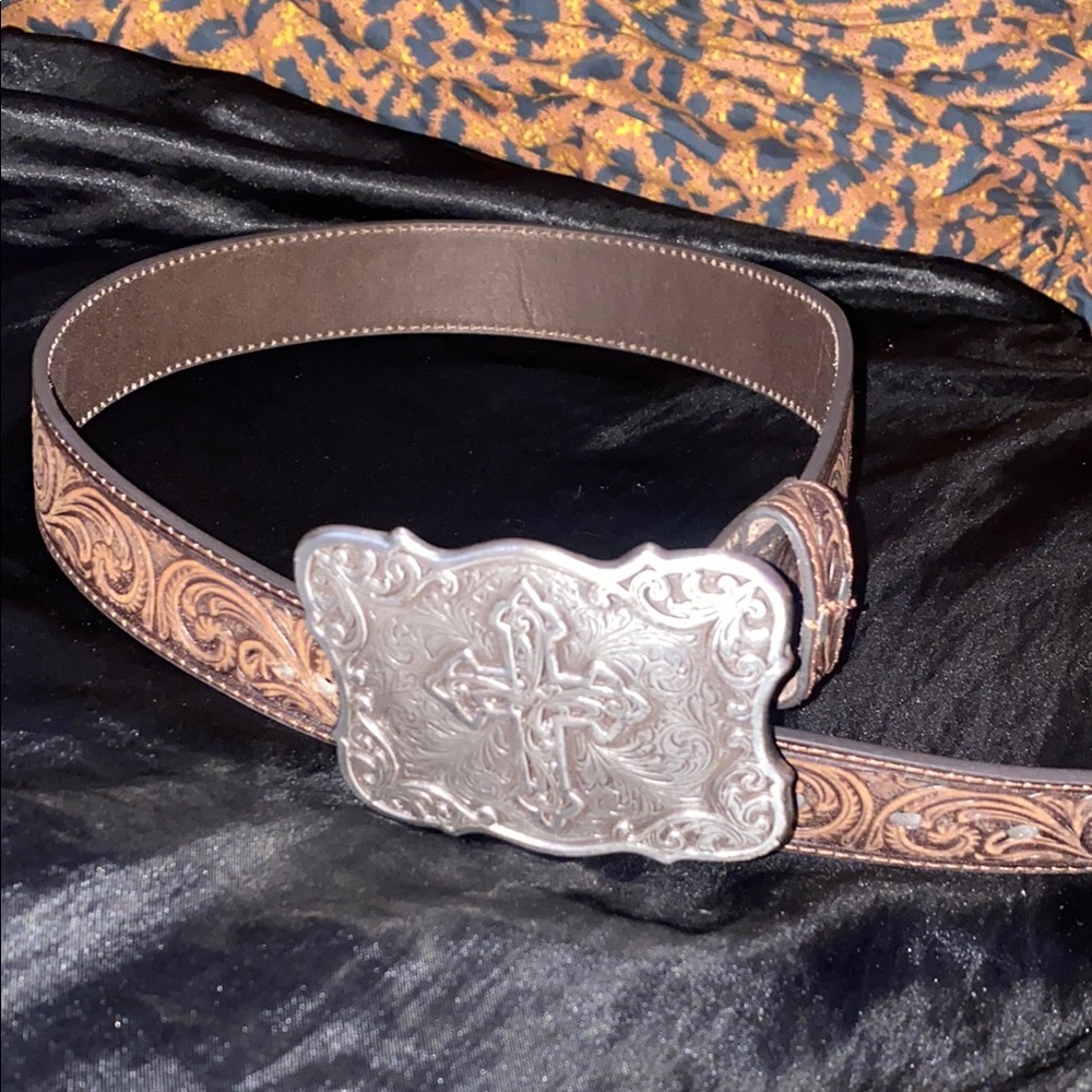 Ornate Brown Leather Belt with Silver Buckle